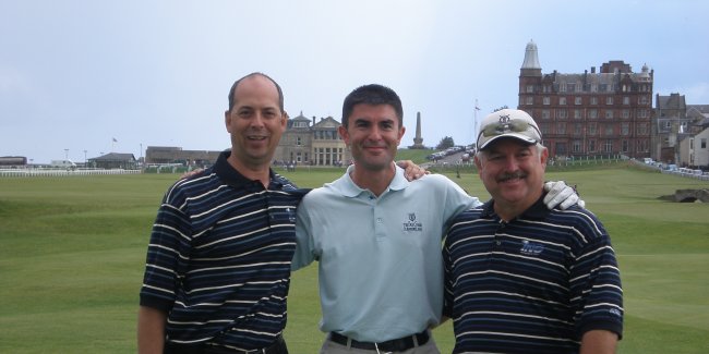 Left to right: John Glozek, Golfing Magazine; Mike Woodcock, Links Trust PR; Mike Jamison on the 18th tee of The Old Course.